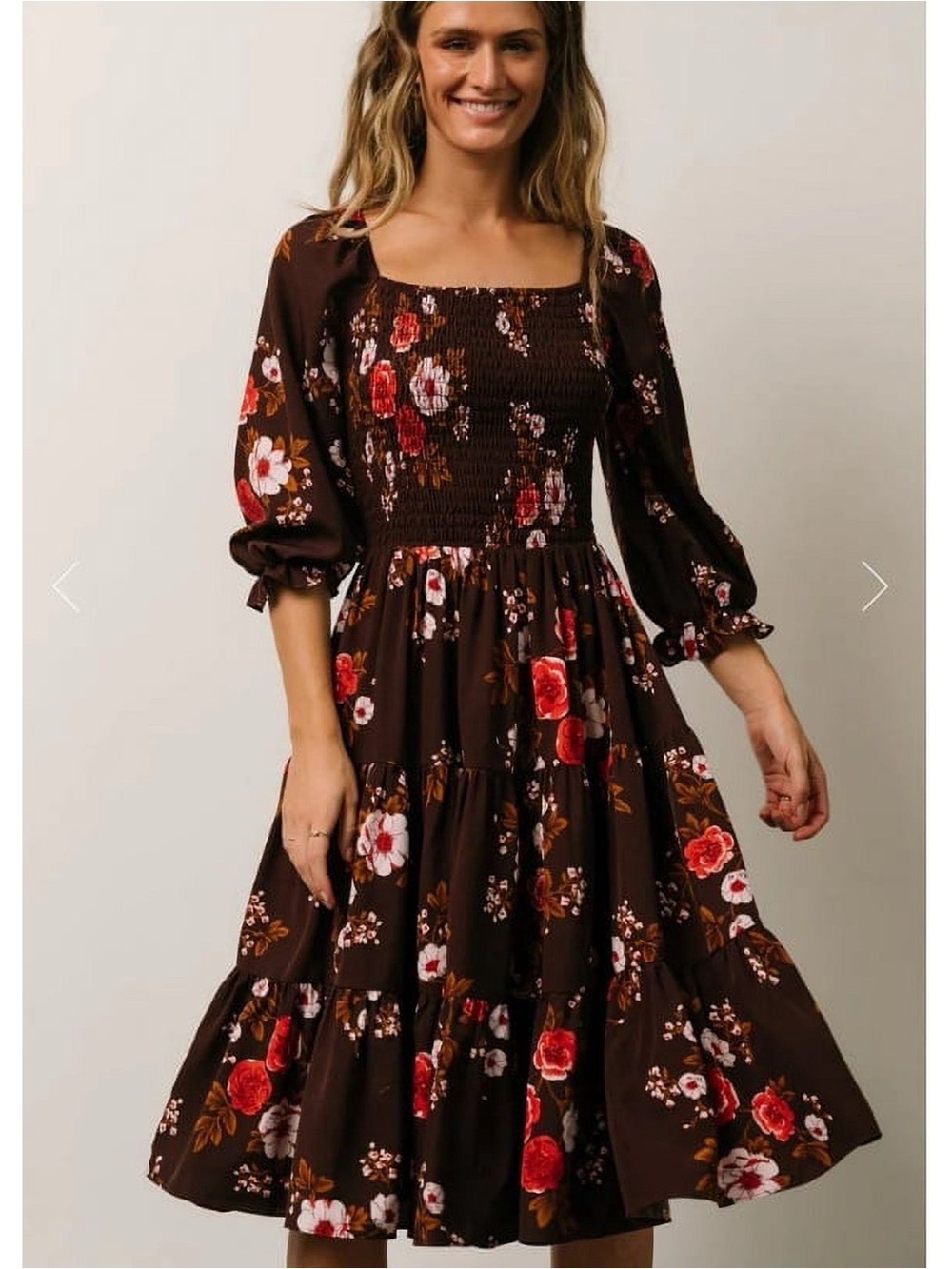Baltic Born Brown Floral Smocked Tiered Midi Dress 3XL